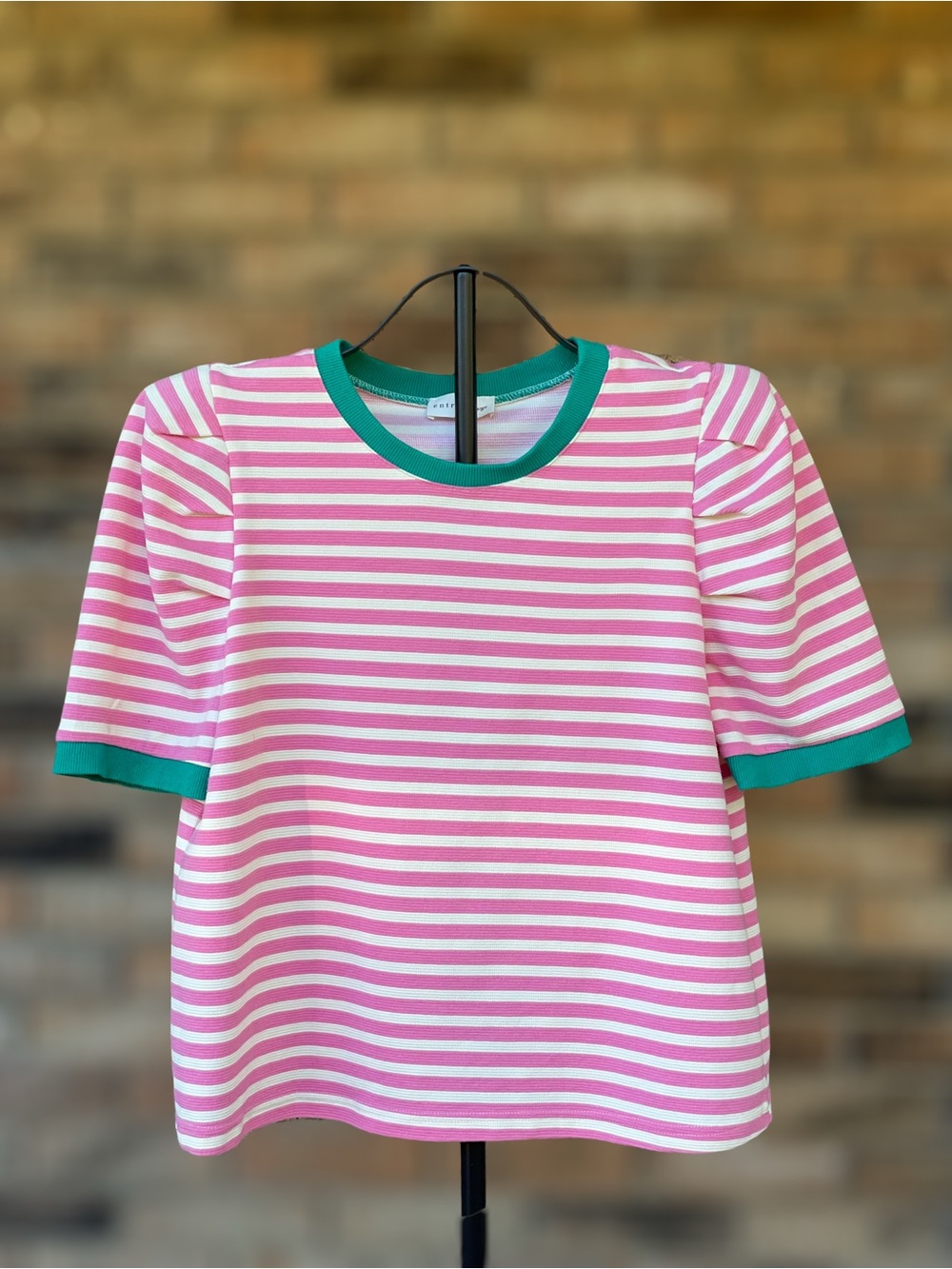 entro Pink and White Striped Kids Tee with Green Trim